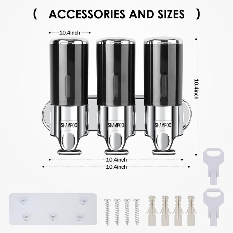 Aeakey Shampoo and Conditioner Dispenser,3 Chamber 1500ML Wall Mounted Shower Soap Dispenser with Transparent Window, No-Drill Installation for Bathroom, Kitchen, Hotel - Image 5